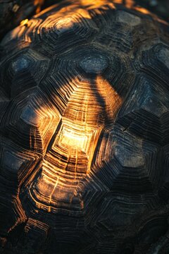 Close-up of dark textured turtle shell with sunset light.