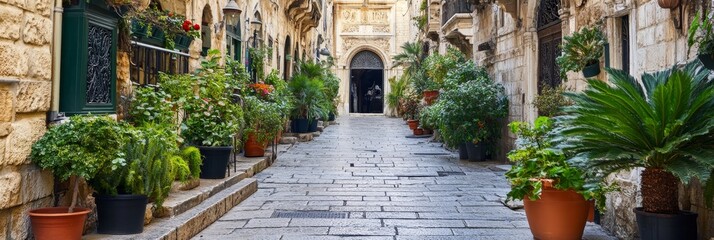 Fototapeta premium Mediterranean Charm Historical Narrow Street in Stone With Plants, Arch, and Inviting Atmosphere