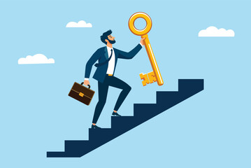 Ambitious businessman climbs the career ladder, holding a large golden key to the concept of success, opportunity, achievement, and unlocking potential.