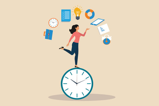 Time management concept, a woman balancing on a clock while juggling tasks, charts, ideas, and productivity icons. Ideal for business, workflow, and efficiency visuals.