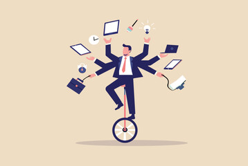 "Businessman multitasking while balancing on a unicycle, symbolizing efficiency, productivity, and time management. Concept of juggling tasks in a dynamic work environment."