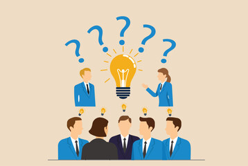 Business team brainstorming under a glowing lightbulb and question marks, symbolizing innovation, collaboration, and problem-solving. Ideal for presentations, workshops, teamwork, and strategy visuals