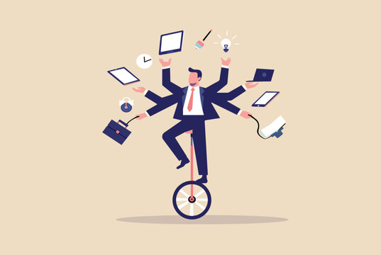 "Businessman multitasking while balancing on a unicycle, symbolizing efficiency, productivity, and time management. Concept of juggling tasks in a dynamic work environment."