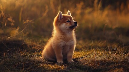 Fototapeta premium Adorable fluffy puppy sitting in sunset grass.