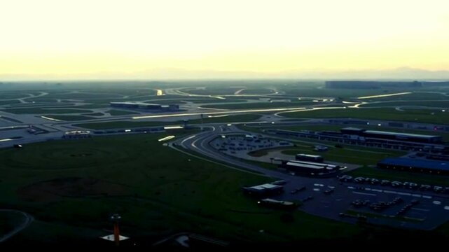 cinematography 4k HD video Aerial view of a sprawling airport runway at sunrise