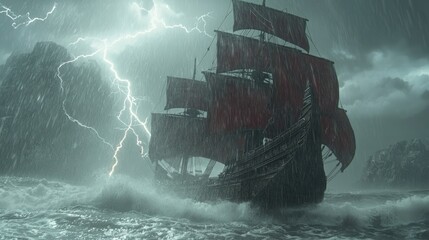 A dark galleon sails through a stormy sea during a lightning storm.