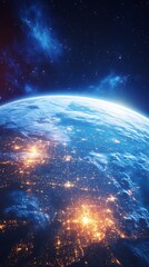 A wide-angle look at the globe from space, with vibrant city lights shining through and light clouds drifting above.