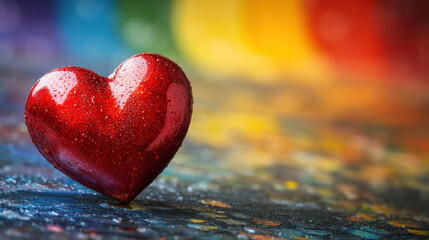 A striking red heart stands out vividly on a colorful LGBT rainbow backdrop, symbolizing love and acceptance. This visual representation celebrates diversity and community spirit.
