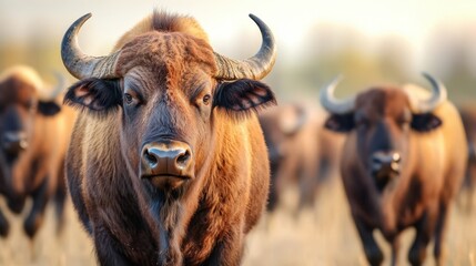 Wildlife action of bison herd in natural ecosystem captivating animal behavior vibrant grassland environment