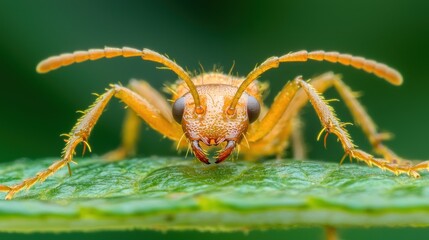 Fototapeta premium Close-up of an orange ant on a green leaf.