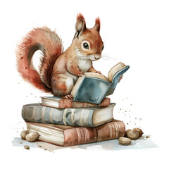 Cute squirrel reading books, cartoon character, coloring page, isolated on white background, vector watercolor illustration