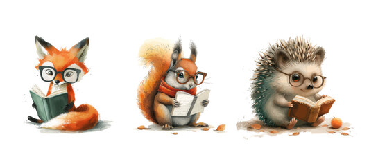 Charming Cartoon Animals Enjoying Reading Books. Diverse Creatures In Vibrant Clothes. Focused On Education And Learning