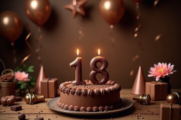 A wooden table featuring a birthday chocolate-themed cake with candles shaped like the number 18, streamers, confetti, birthday cards, flowers. The deep brown tones create a luxurious feel