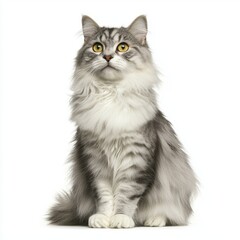 Obraz premium Majestic Silver Cat with Fluffy Fur Posing Gracefully on White Background