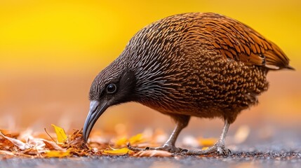 Fototapeta premium Bird foraging in autumn leaves wildlife ecosystem nature scene close-up view vibrant environment