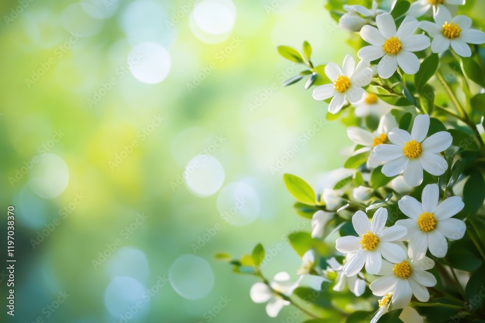 Poster Bright white flowers in spring with green leaves and soft blurred background ready for text insertion or decoration. Generative AI