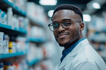 Obraz premium Happy African American pharmacist working in drugstore and looking at camera. Generative AI