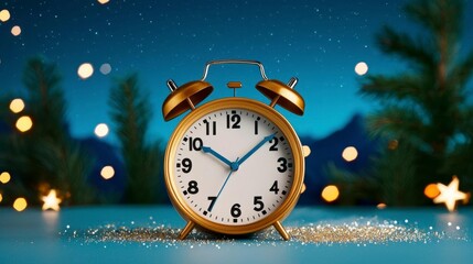 A clock with its hands at midnight, surrounded by stars and sparkles.