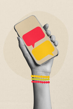 Vertical trend artwork sketch image collage of hand hold phone device screen message notification icon chatterbox communication