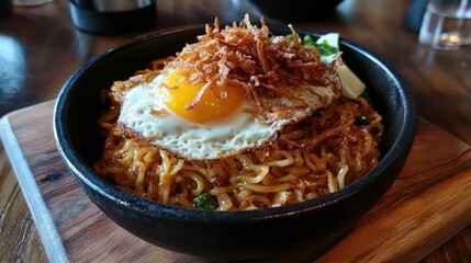 Spicy noodles with fried egg, crispy onions, and scallions in a black bowl.