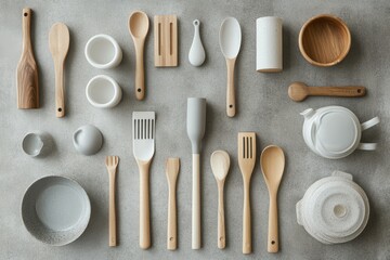 Kitchen Utensils and Ceramic Bowls Arranged on a Table