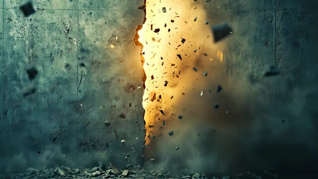 Stone wall with broken piece of stone. Explosion, destruction, wall, fire, fragments, stones, , concrete. Fragments of stone and concrete in. Fragments of fire exploding through building. Lifestyle.