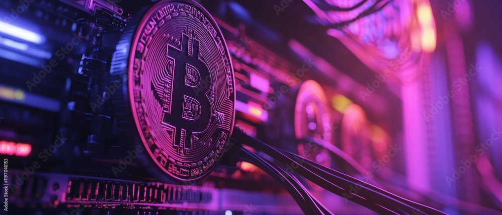 Poster visualizing cryptocurrency nodes on server network cables in a high-tech data center environment