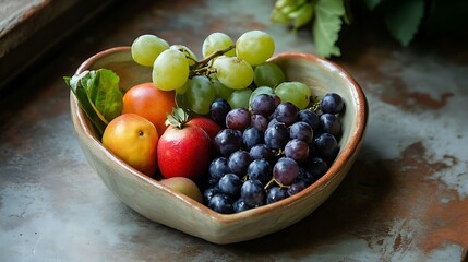 A handcrafted ceramic heart bowl filled with fresh fruits 