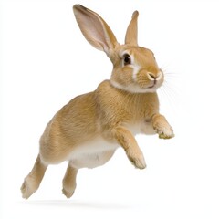 Obraz premium Happy Brown Rabbit Jumping in Mid-Air Against White Background