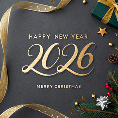 Celebrate the Happy New Year 2026 Text golden text on dark gray background merry christmas gold