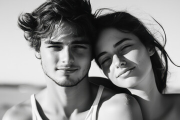 Fototapeta premium Intimate black and white portrait of young caucasian couple sharing tender moment, authentic relationship and emotional connection photography