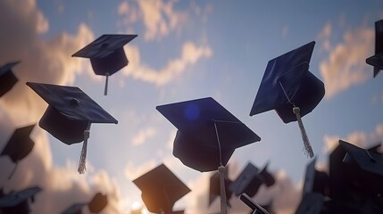 Graduation Day Triumph: Students Celebrating Success with Caps and Diplomas in the Sky
