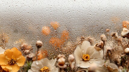 Fototapeta premium Close-Up View of Dewy Flowers Behind a Rain-Splattered Window in a Soft Focus Setting During a Gloomy Day
