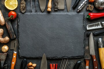 Dark Stone Board Surrounded by Culinary Utensils and Ingredients