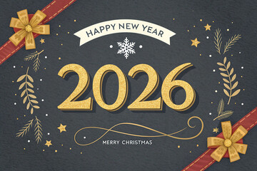 Celebrate the Happy New Year 2026 Text golden text on dark gray background merry christmas gold
