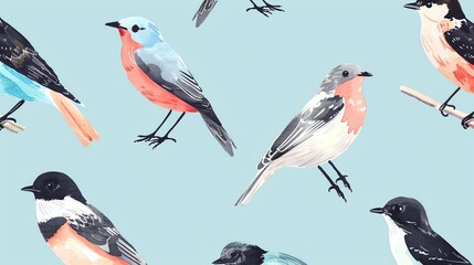A seamless pattern with various colorful birds on a blue background.
