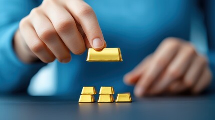 A hand stacking gold bars, symbolizing wealth and investment strategies.