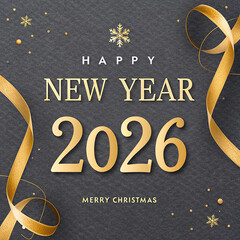 Celebrate the Happy New Year 2026 Text golden text on dark gray background merry christmas gold