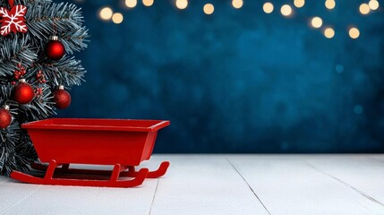 A decorated sled leaning against a tree in the snow.