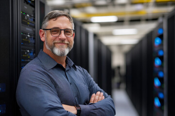 Professional IT manager standing confidently in a modern server room during daytime