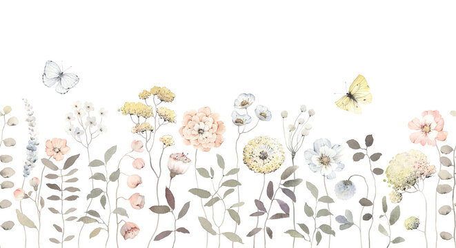 Fototapeta Delicate floral seamless background with abstract flowers, plants and flying butterflies. Watercolor isolated pattern for baby mural, wallpapers, cover or frame for your text.