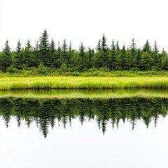 Tranquil Reflection of Green Trees on Calm Water Surface in Nature