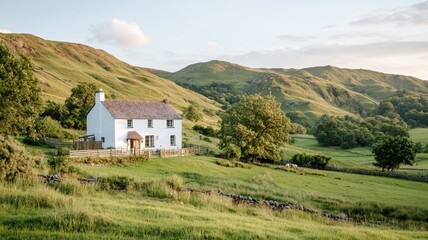 Serene Countryside Cottage Surrounded by Lush Green Hills and Scenic Landscapes at Dusk