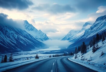 Majestic snow covered mountain range, winding icy road, dramatic cloudy sky, ethereal winter landscape, towering jagged peaks