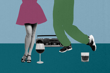 Template sketch trend artwork 3D photo collage of legs woman man date dance aprty rest night leisure occasion boombox wine glass cocktail
