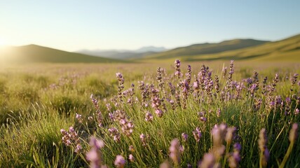 Serene Lavender Field Under Clear Blue Sky with Soft Morning Light Illuminating Purple Blooms in the Countryside