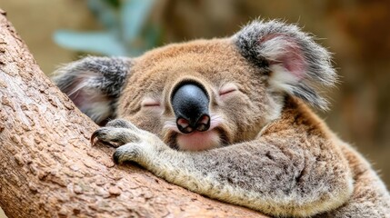 Obraz premium Sleeping Koala on Eucalyptus Branch, Wildlife Sanctuary