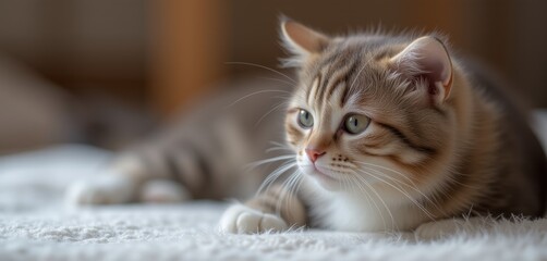  Kitten lying on a soft bed in natural light