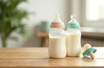 Feeding bottles with milk, on a table indoors, space for text.