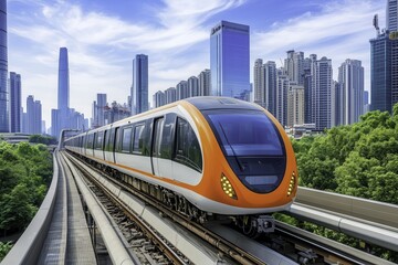 Naklejka premium Modern Train Traveling Through Urban Landscape
